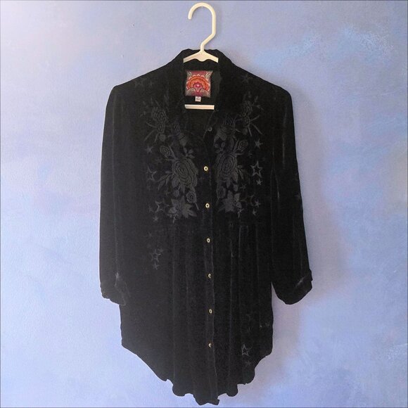 Johnny Was black Roberta Velvet Smocked Blouse with floral embroidery NWOT - Picture 1 of 5